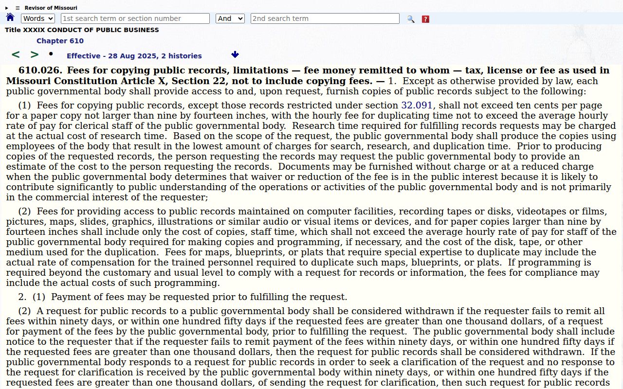 Missouri public record copy fee statute