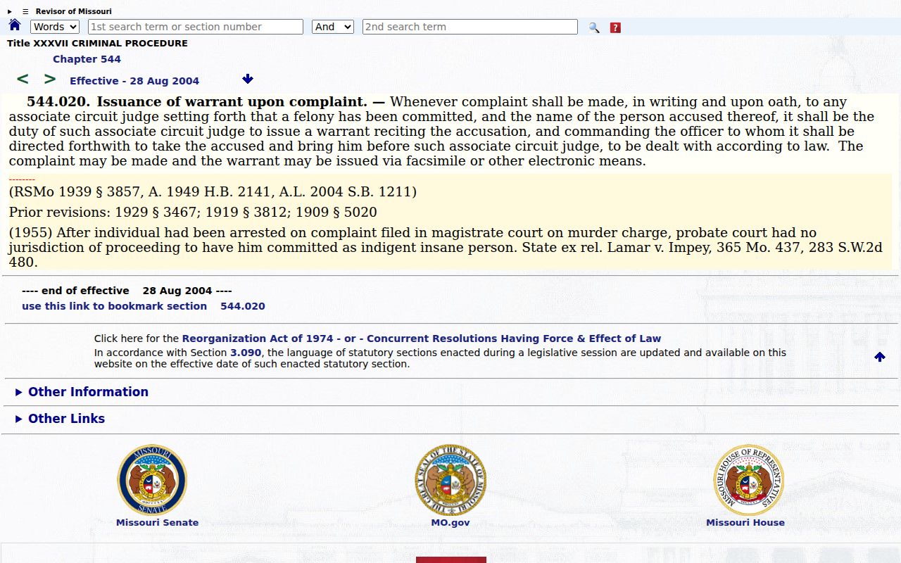 Missouri sworn complaint and arrest warrant authority