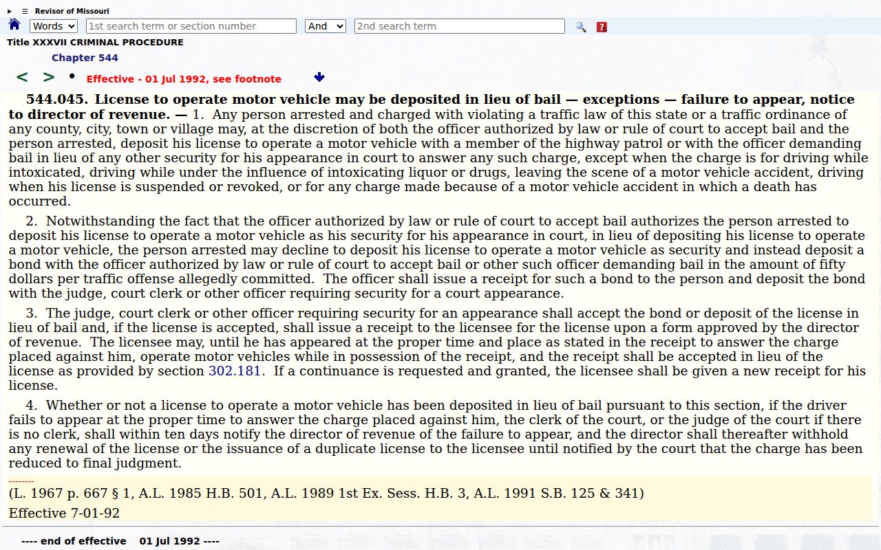 Missouri traffic failure-to-appear license hold statute